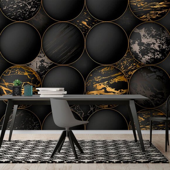 3D Gold and Black Brushed Metallic Orbs Wallpaper - Picture 4 of 9